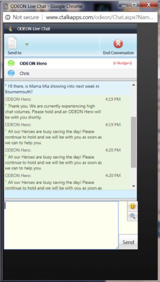 odeon live chat with chatbot